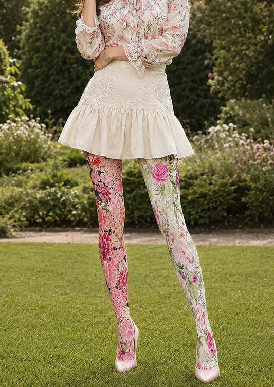 Two-Tone Split Peony and Botanical Floral Print Tights Hosiery Pantyhose