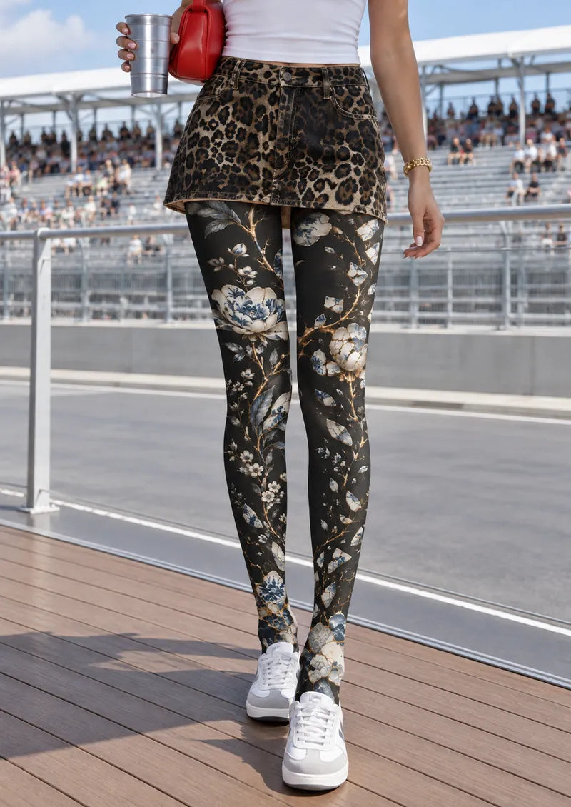 Black Blue Porcelain Floral Tights