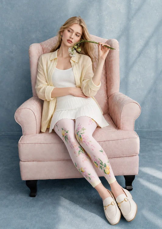 Lemon Garden Floral Print Footless Tights Hosiery Leggings
