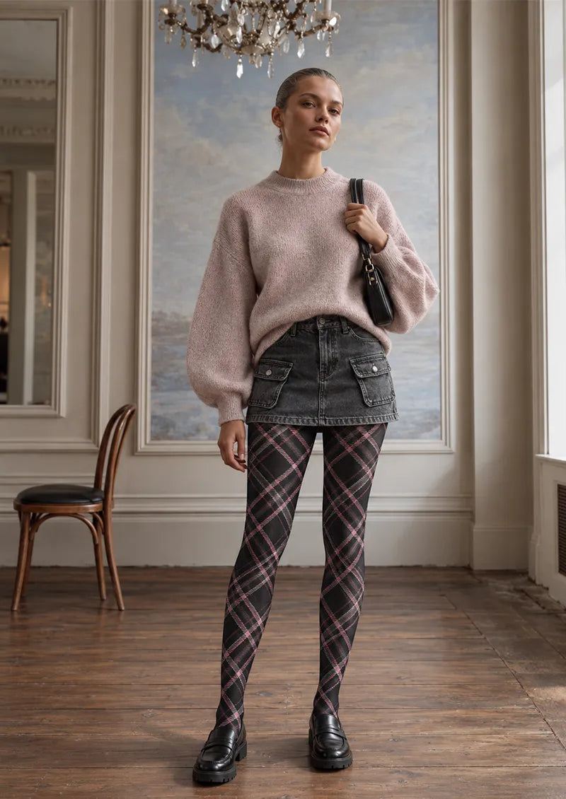 Black Pink Plaid Tights
