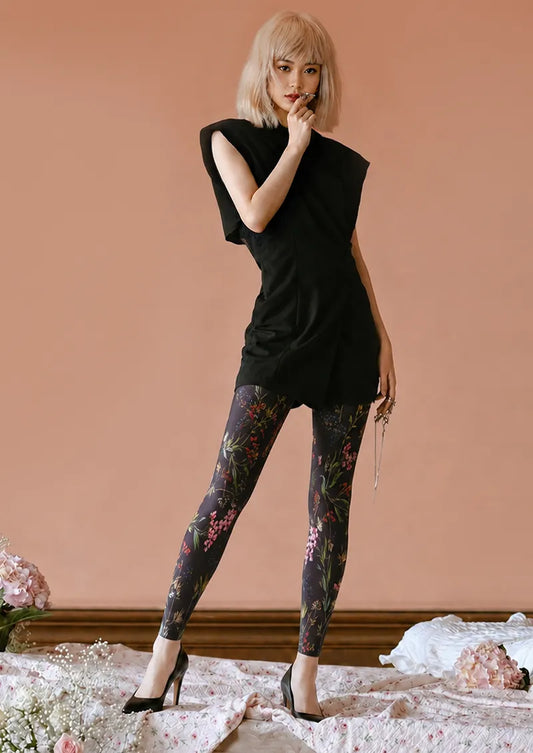 Midnight Wildflower Floral Print Footless Tights Hosiery Leggings