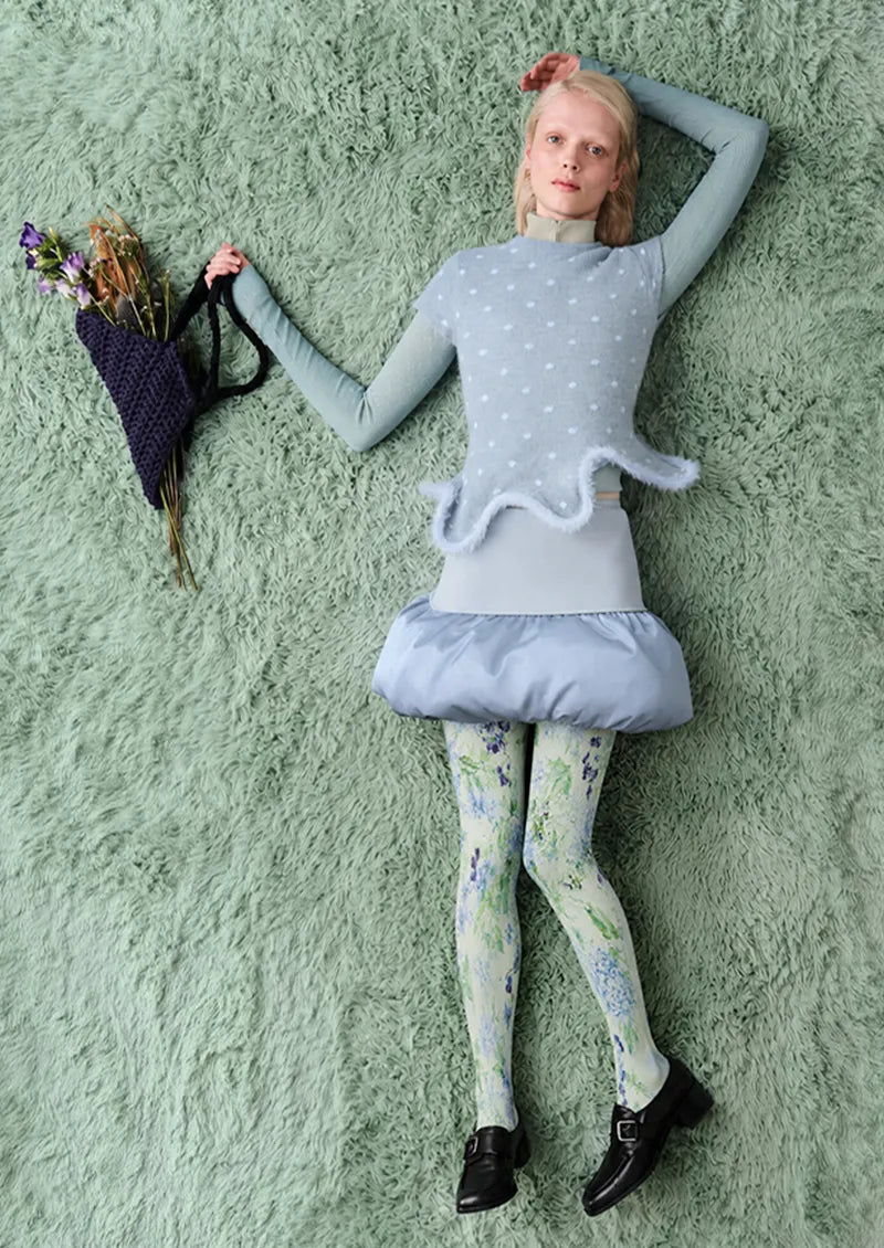Blue Green Watercolor Floral Print Tights Hosiery Pantyhose