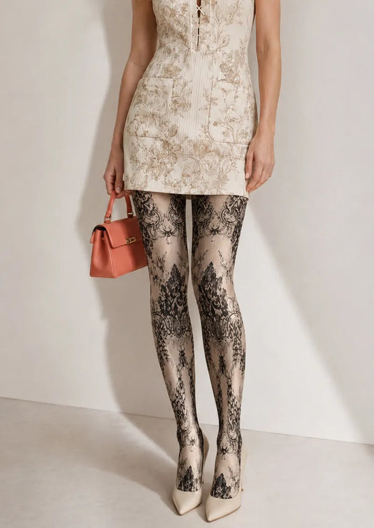 Black Ornamental Baroque Floral Print Tights Hosiery Pantyhose
