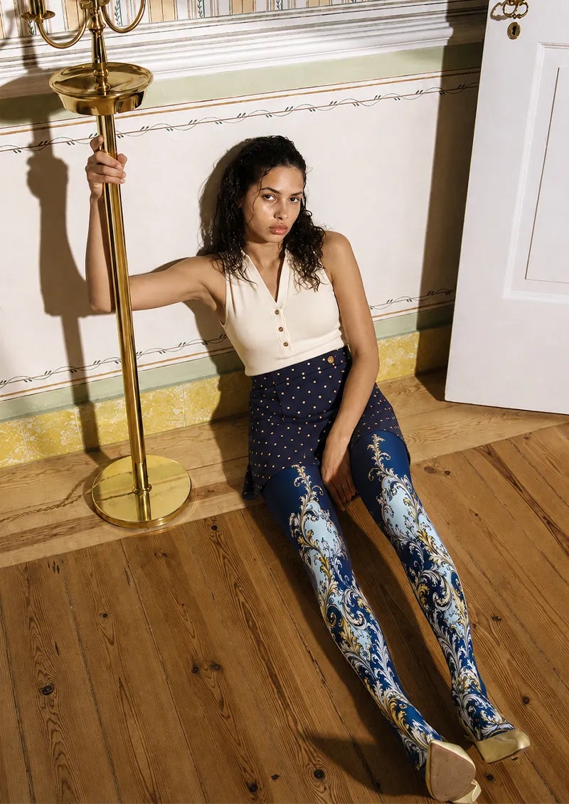 Navy Gold Baroque Scroll Print Tights Hosiery Pantyhose