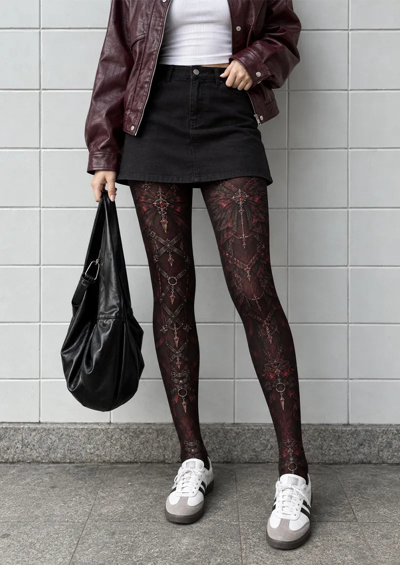 Black Burgundy Gothic Ribbon Tights