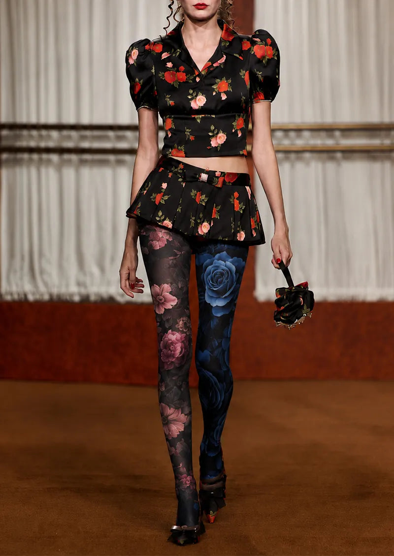 Dark Two-Tone Split Floral Print Tights Hosiery Pantyhose