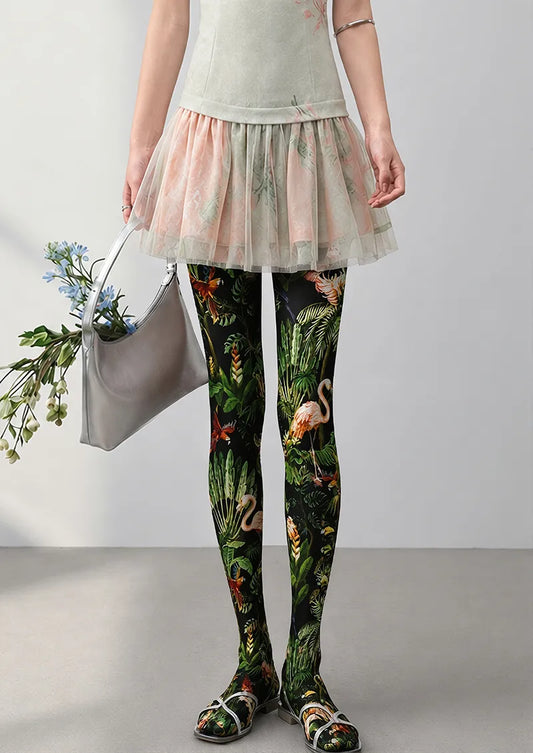 Black Tropical Rainforest Bird Tights Hosiery Pantyhose