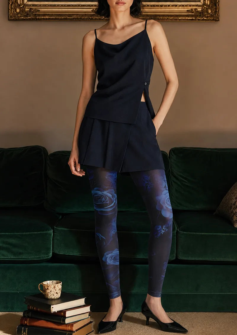 Midnight Blue Rose Floral Print Footless Tights Hosiery Leggings