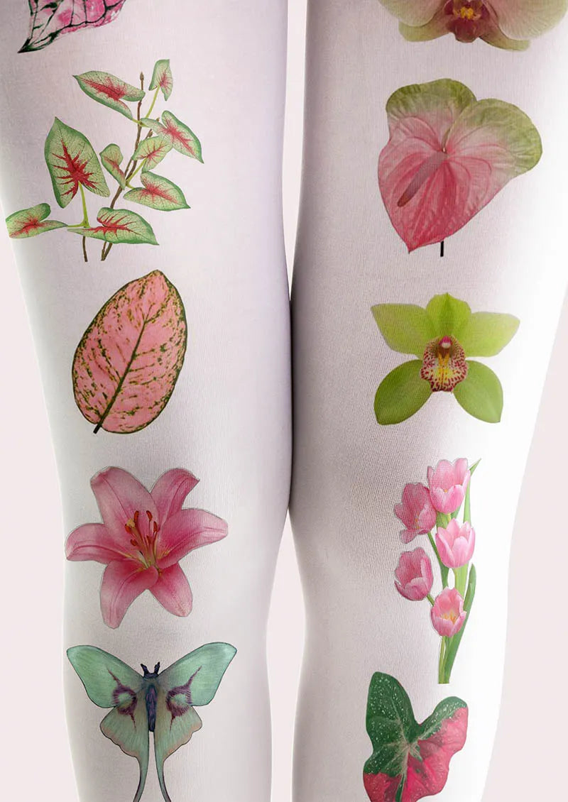 White Botanical Collage Y2K Style Tights Hosiery Pantyhose