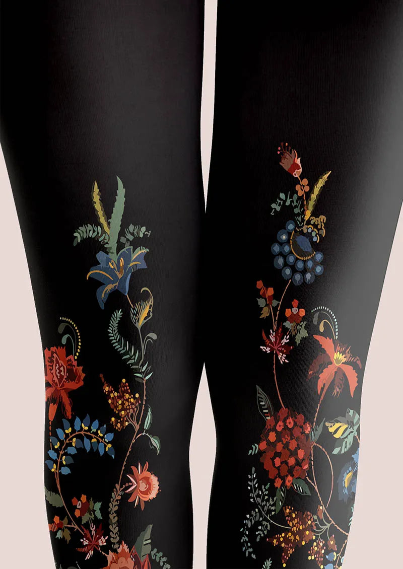 Exotic Floral Black Tights Hosiery Pantyhose
