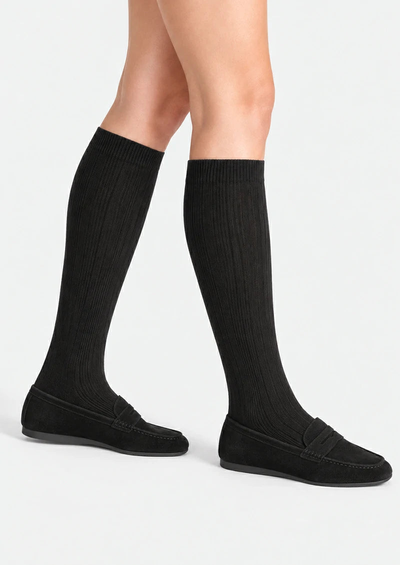 Solid Ribbed Knee-High Socks