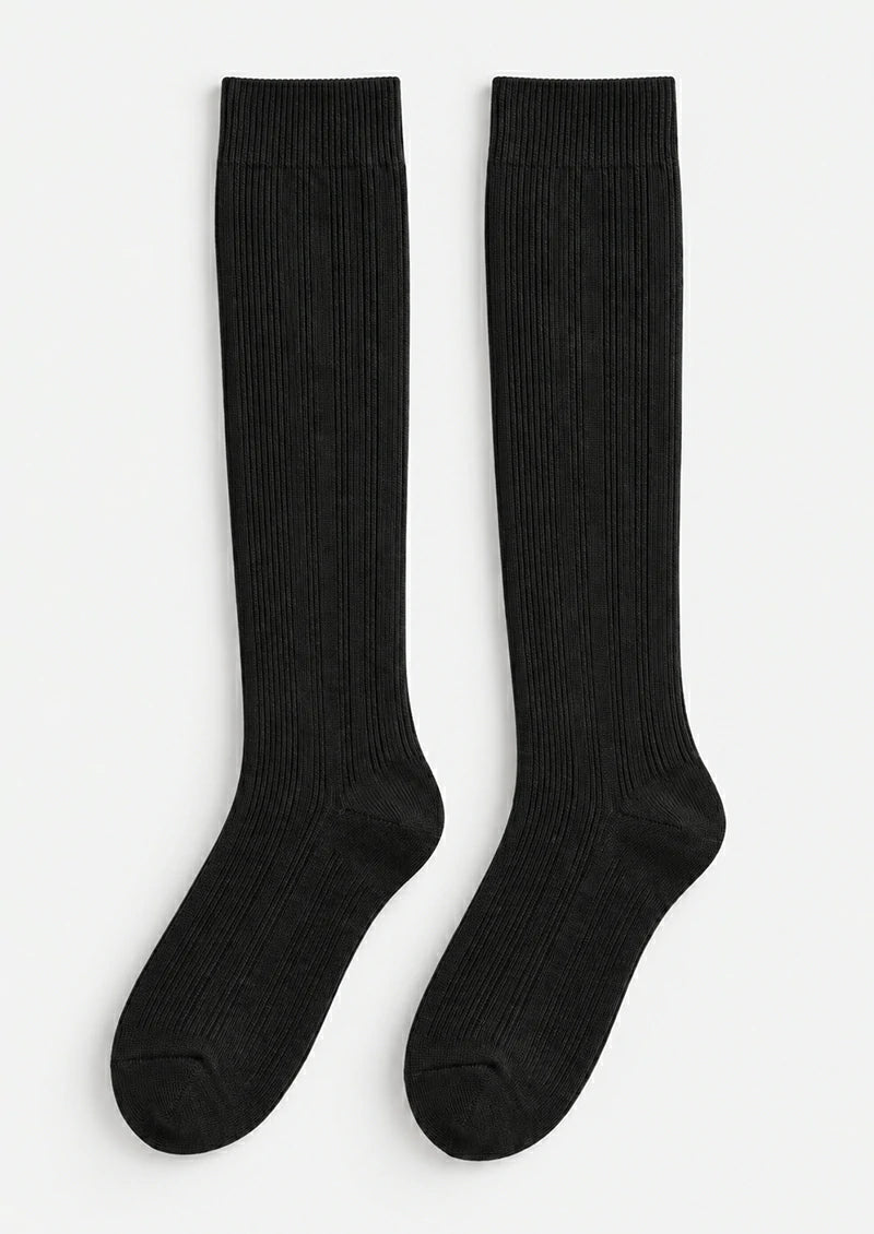 Solid Ribbed Knee-High Socks