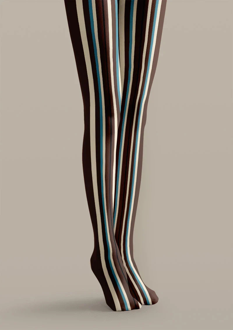 Brown & Blue Vertical Stripe Tights Hosiery Pantyhose