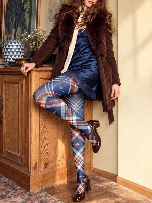 Navy Red Plaid Tights