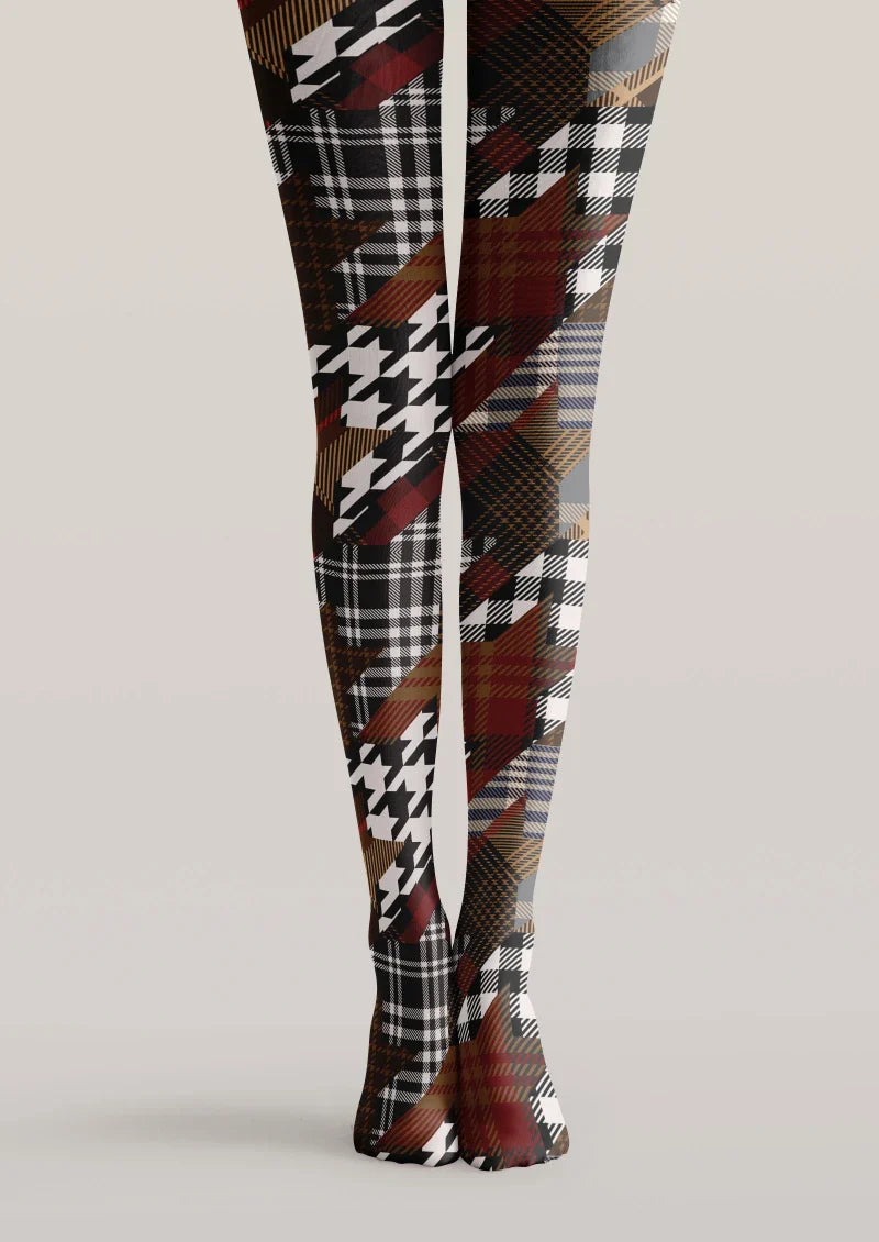 Brown Houndstooth Plaid Mix Tights Hosiery Pantyhose