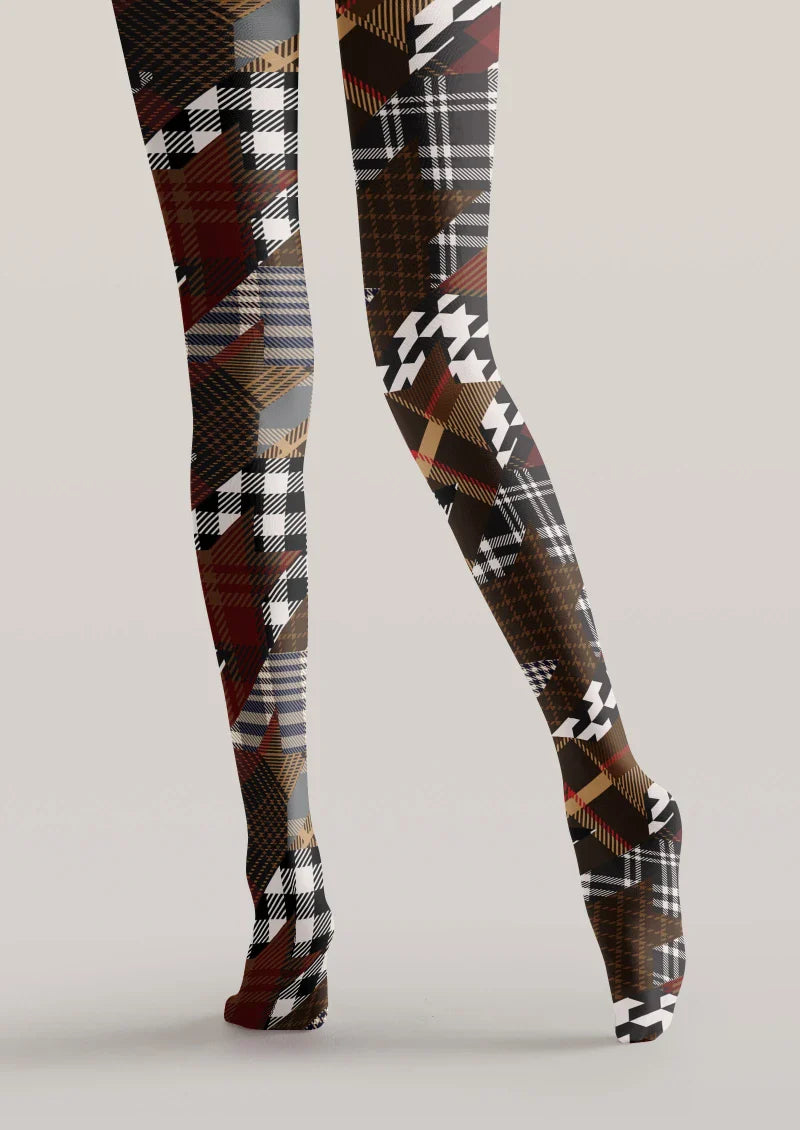 Brown Houndstooth Plaid Mix Tights Hosiery Pantyhose