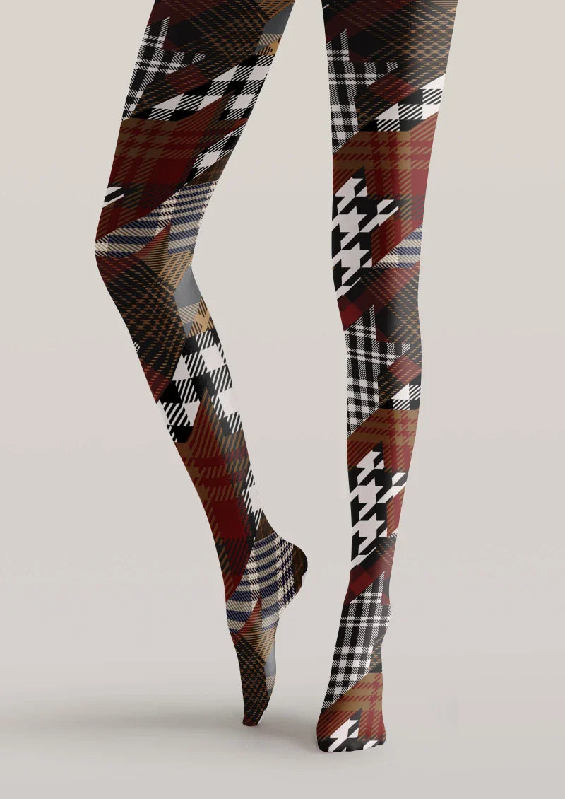 Brown Houndstooth Plaid Mix Tights Hosiery Pantyhose