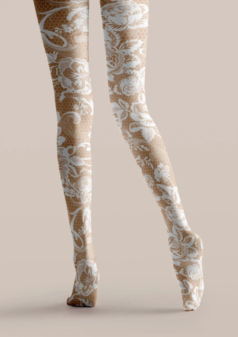 White Lace Floral Print Tights Hosiery Pantyhose