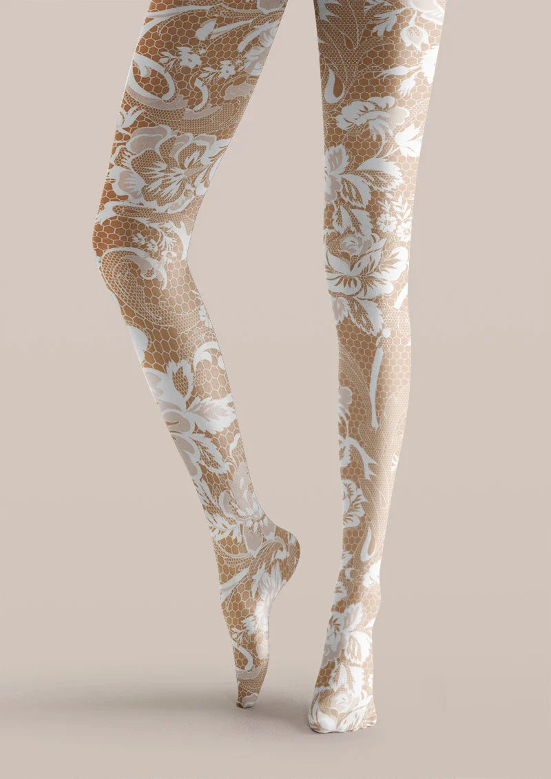 White Lace Floral Print Tights Hosiery Pantyhose