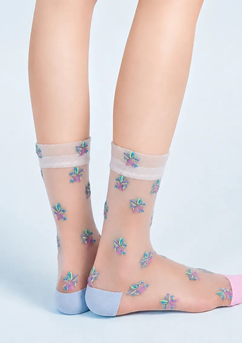 Sheer Pastel Floral Crew Socks
