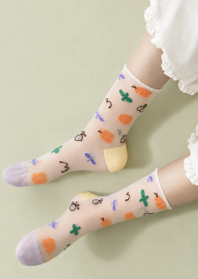 Sheer Garden Motif Crew Socks