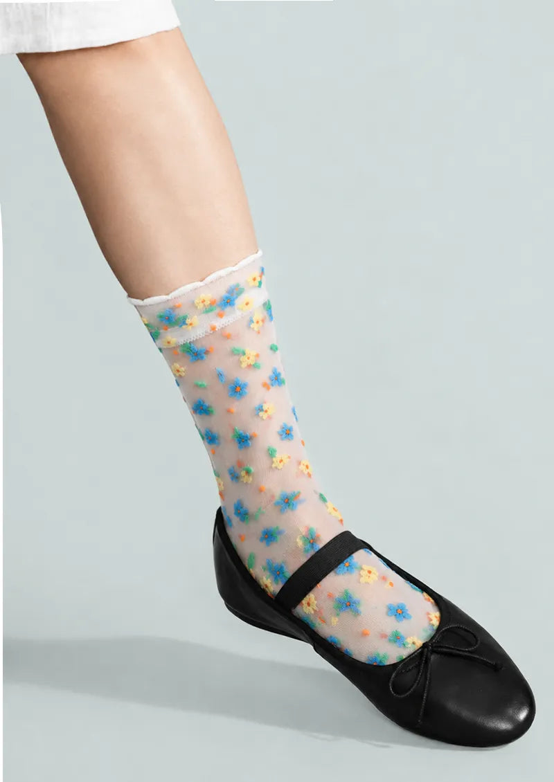 Sheer Meadow Floral Crew Socks