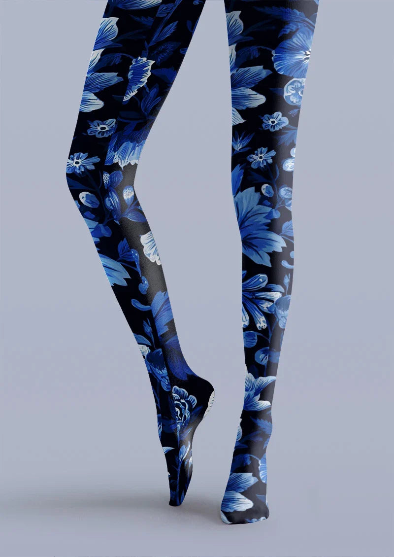 Blue Floral Tights Hosiery Pantyhose