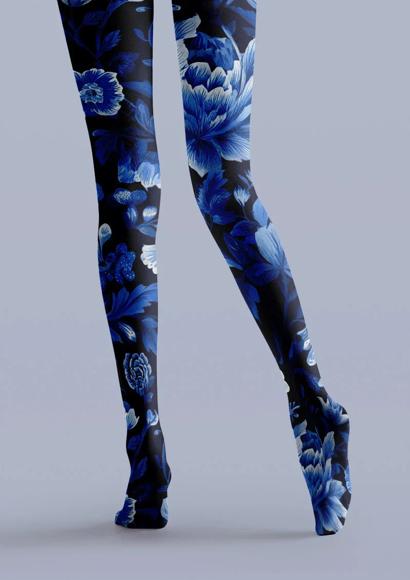 Blue Floral Tights Hosiery Pantyhose