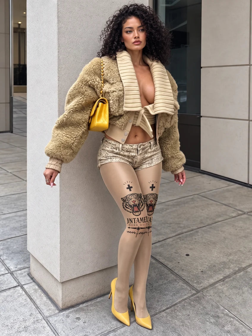 Beige Tiger Tattoo Tights