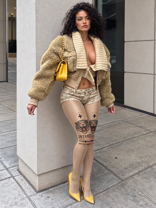 Beige Tiger Tattoo Tights