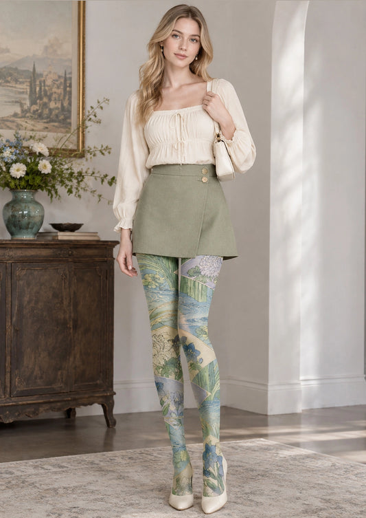 Paddy Field Fragrant Chrysanthemum Collage Tights