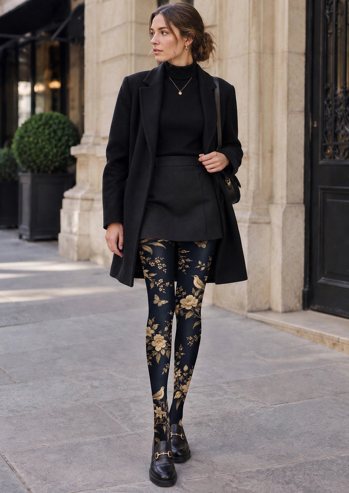 Black Swallows And Flowers Tights