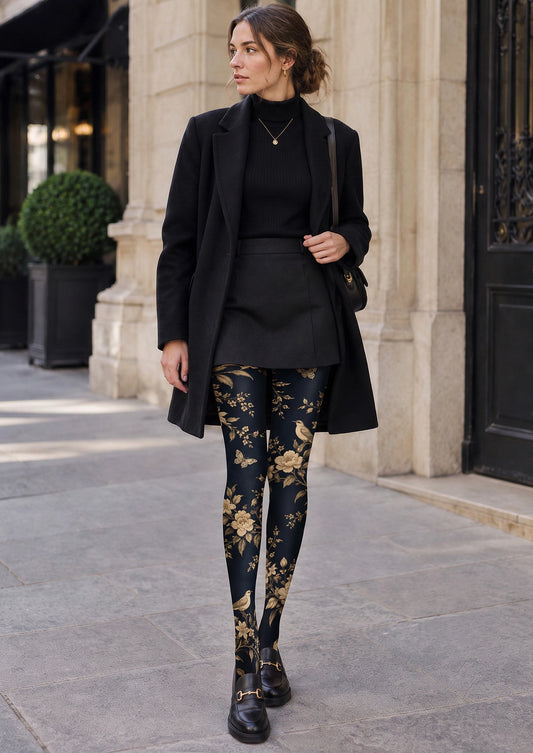 Black Swallows And Flowers Tights