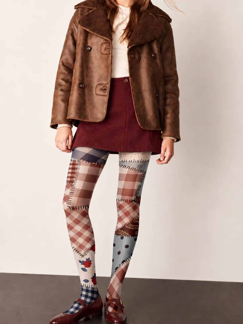 Beige Patchwork Plaid Rose Tights