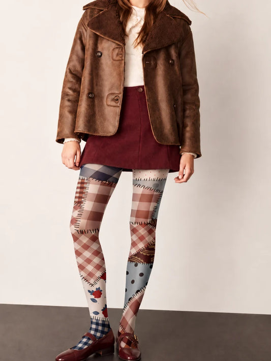 Beige Patchwork Plaid Rose Tights