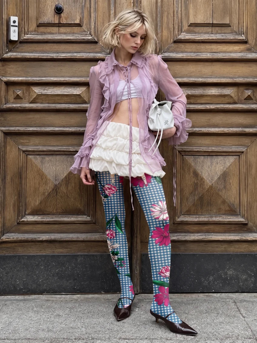 Blue Pink Floral Gingham Tights