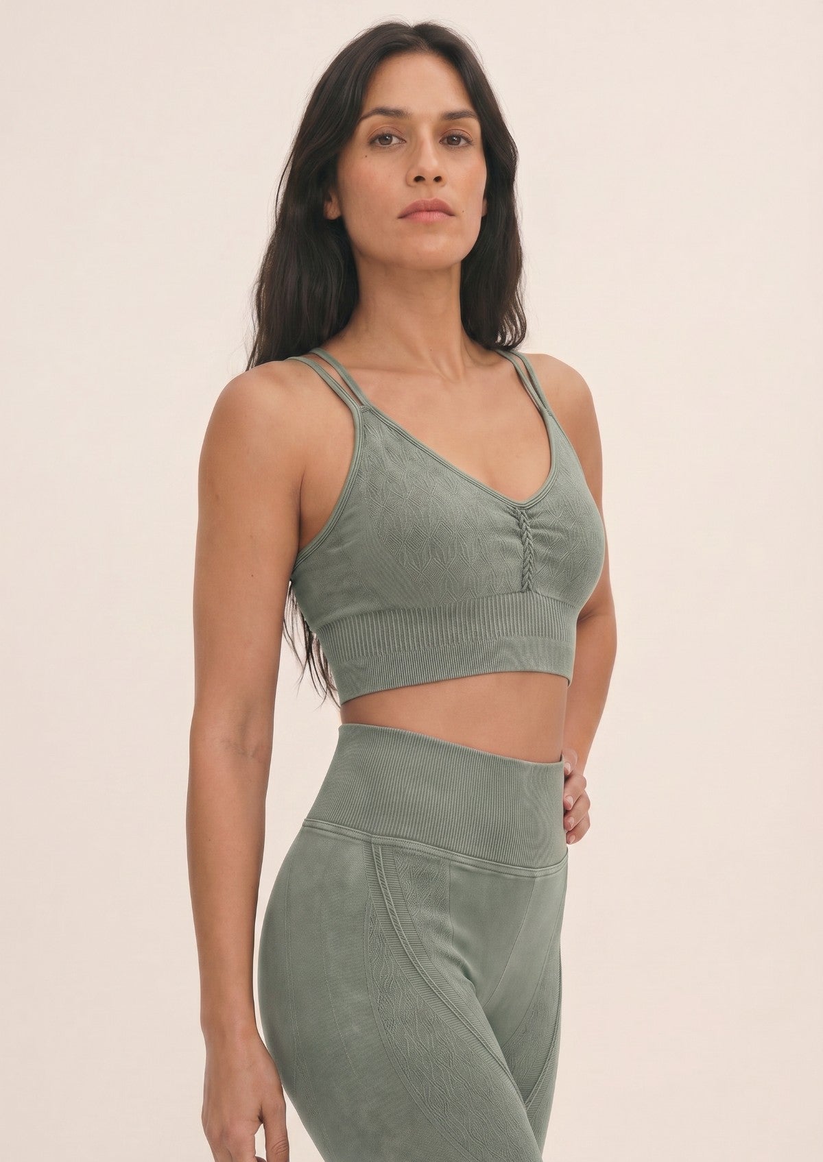 Sage Green Mineral Wash Seamless Leggings & Bra Set