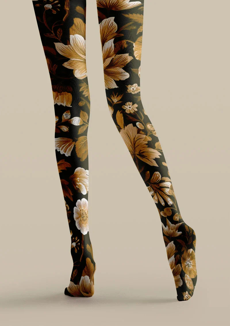 Brown Floral Tights Hosiery Pantyhose