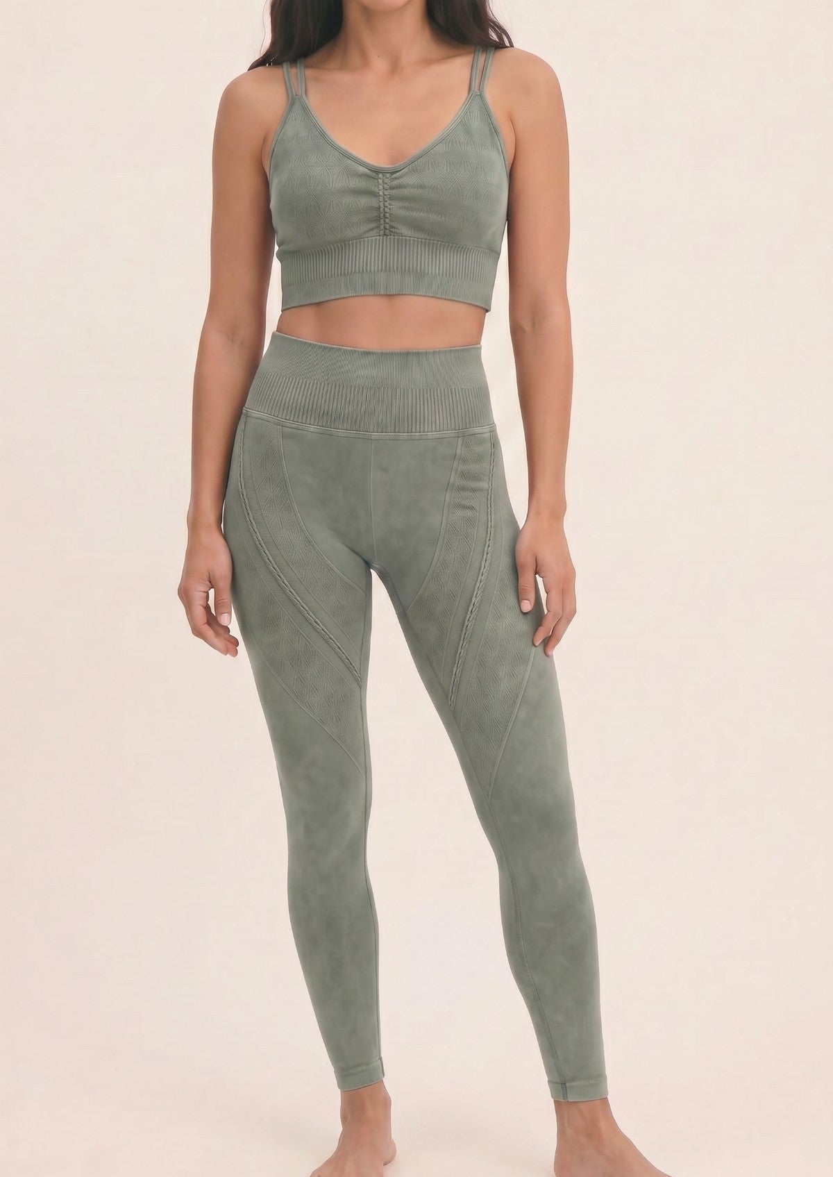Sage Green Mineral Wash Seamless Leggings & Bra Set