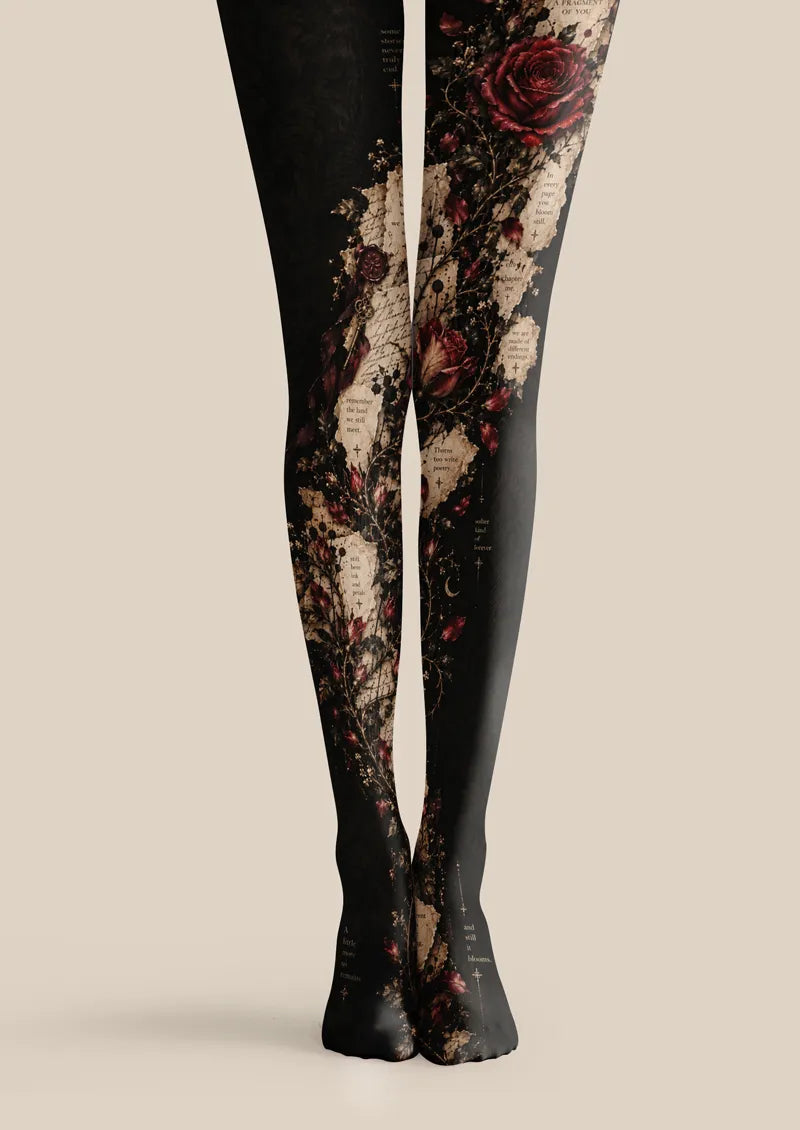 Black printed tights with burgundy roses, script collage, and aged paper details
