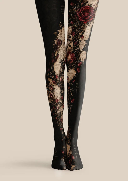 Black printed tights with burgundy roses, script collage, and aged paper details