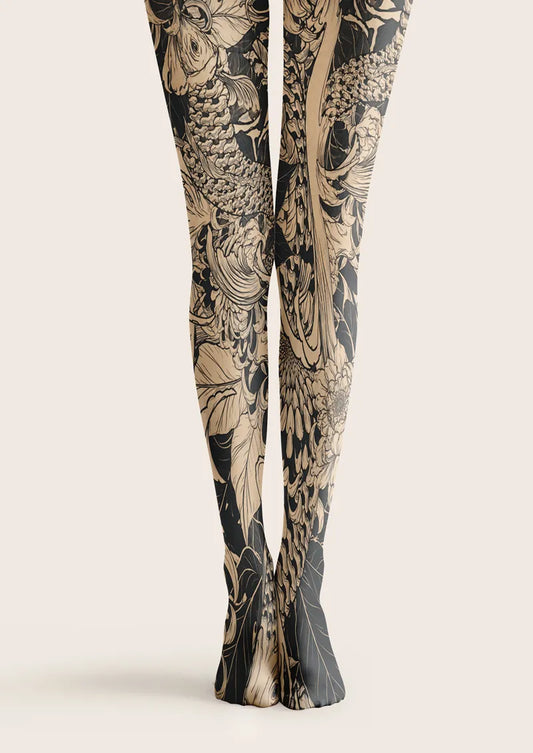 Monochrome Koi and Lotus Art Print Tights Hosiery Pantyhose