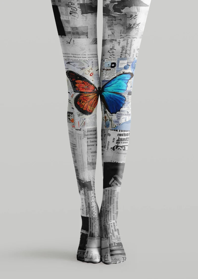 Gray tights with a newspaper collage and a large butterfly featuring orange, red, turquoise, and blue wings.