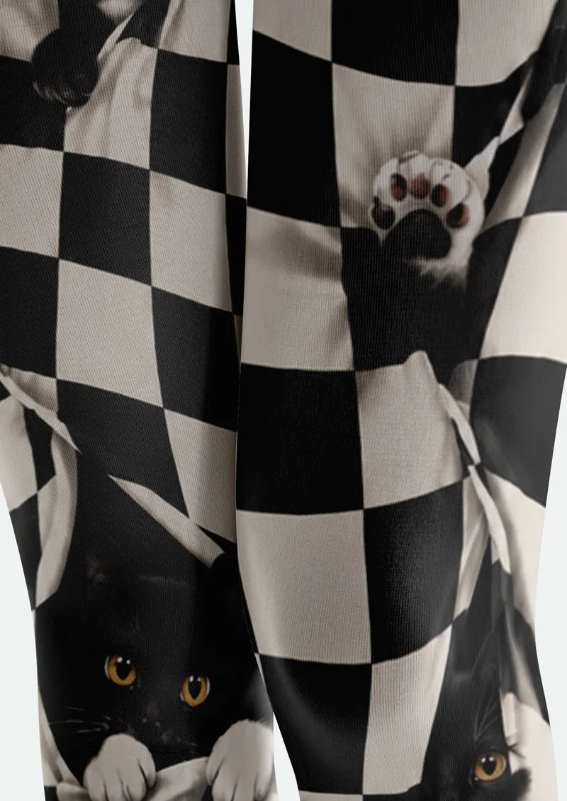 Black White Cat Checkerboard Tights