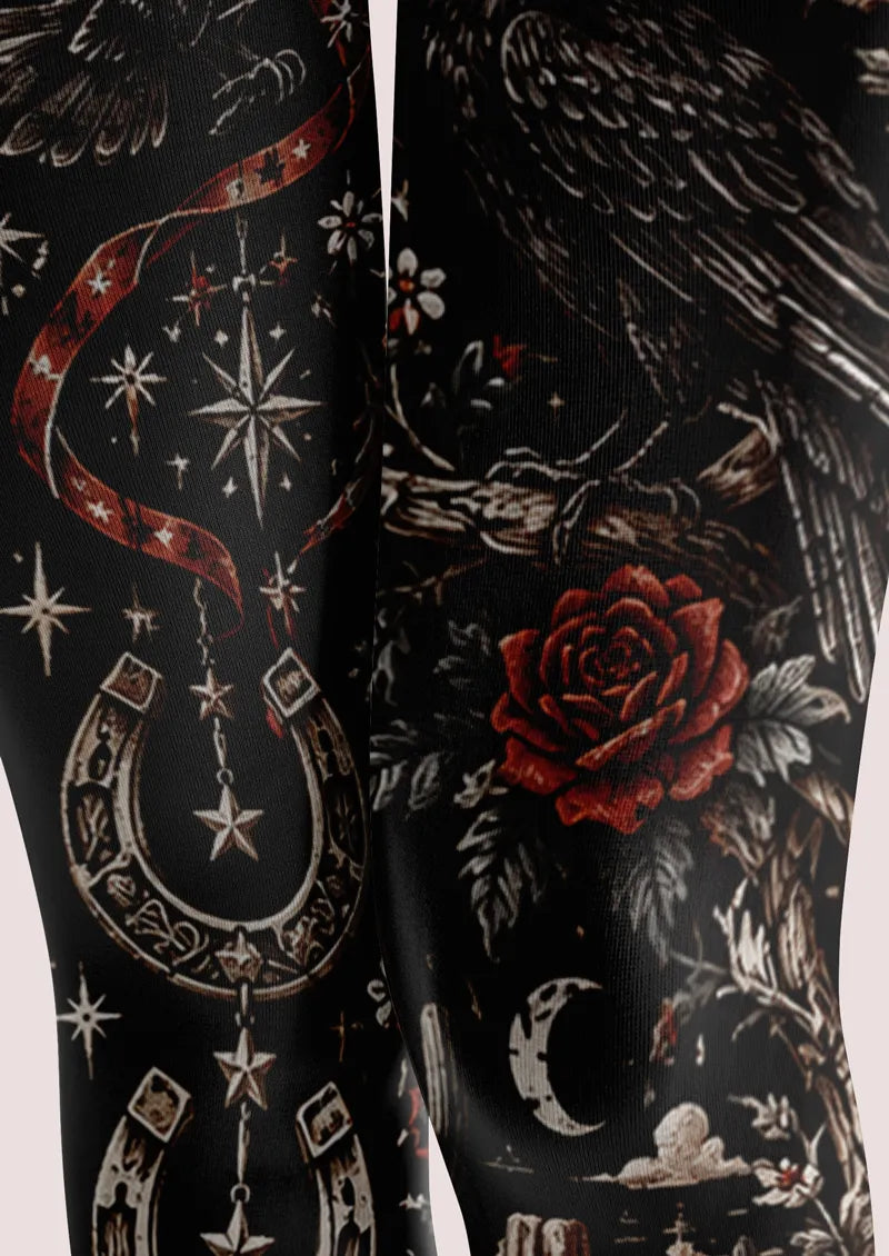 Black Red Rose Raven Tights