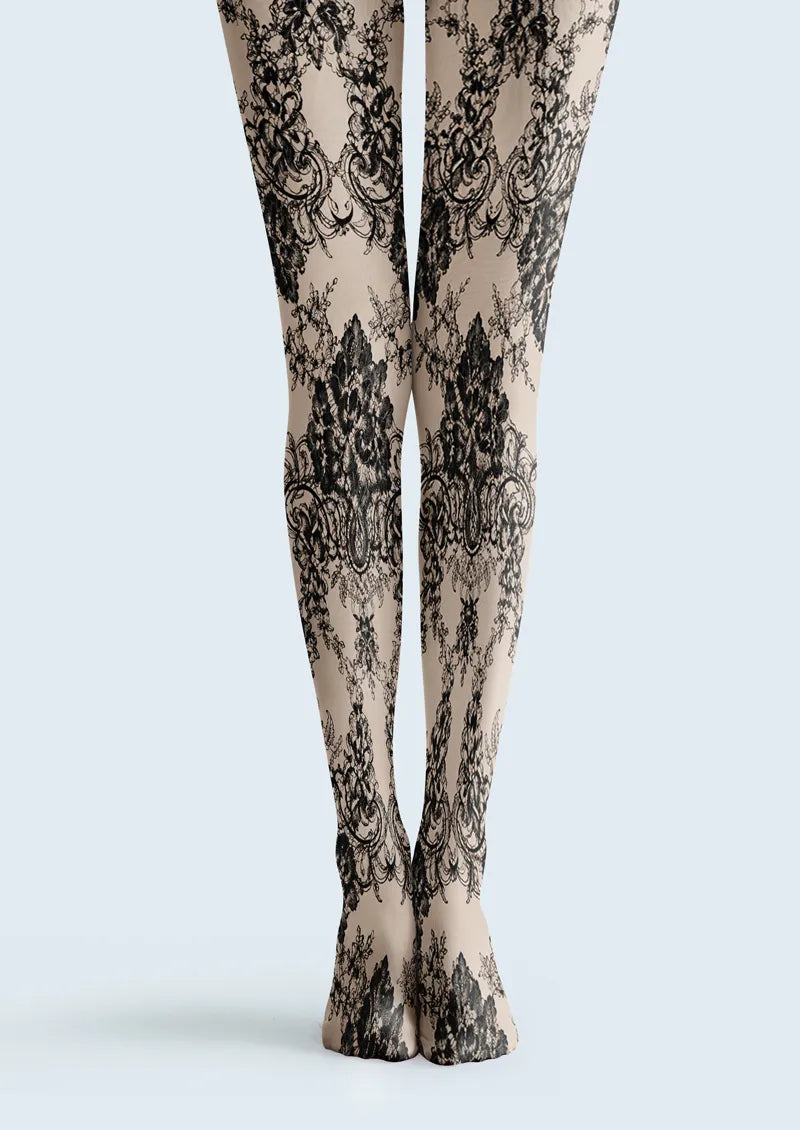 Black Ornamental Baroque Floral Print Tights Hosiery Pantyhose