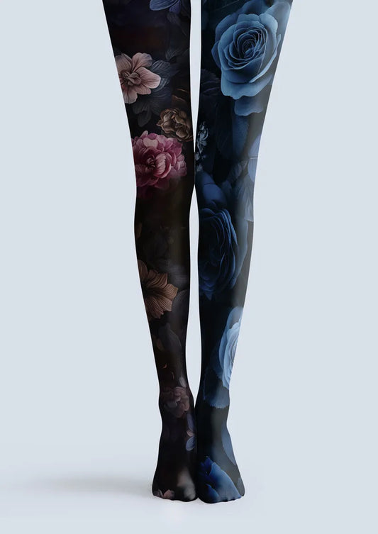 Dark Two-Tone Split Floral Print Tights Hosiery Pantyhose