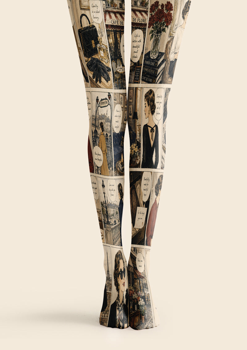 Beige, black and brown printed tights with Paris fashion comic panels, café scenes, roses and illustrated women
