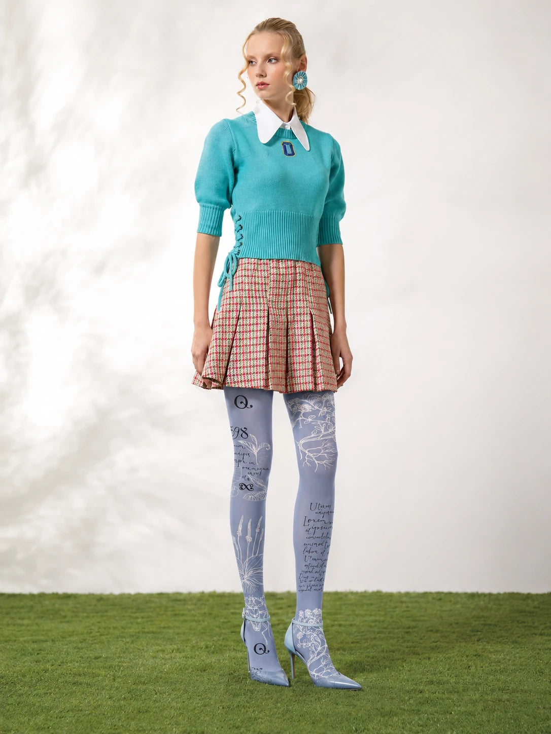 Powder Blue Botanical Script Tights Hosiery Pantyhose