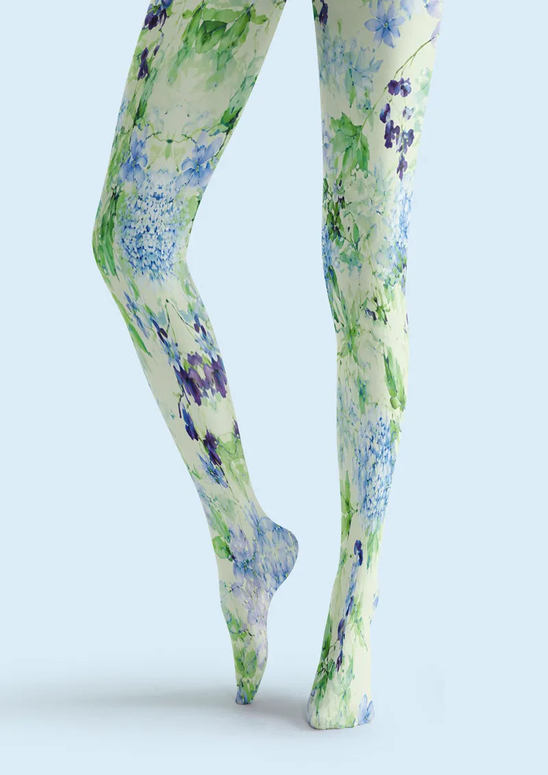 Blue Green Watercolor Floral Print Tights Hosiery Pantyhose